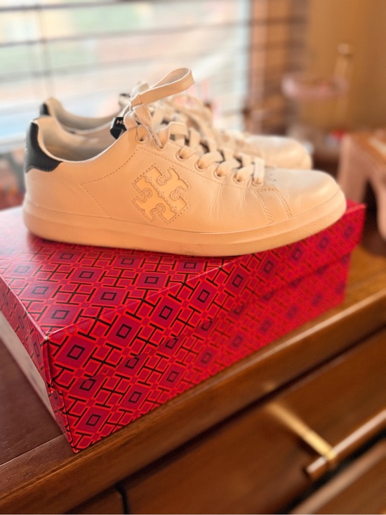 Tory Burch Shoes - Tory Burch White Leather Sneakers with Black Heel Accent